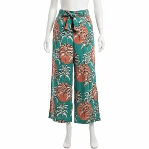 Nicole Miller New York Tropical Palm Tree Wide Leg Pants European Flax Linen L